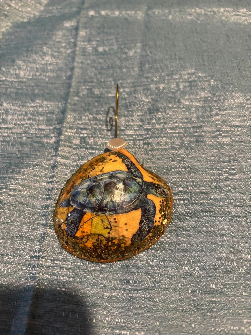 Decoupage Blue Turtle Reptile Ornament - Blue and gold sparkles